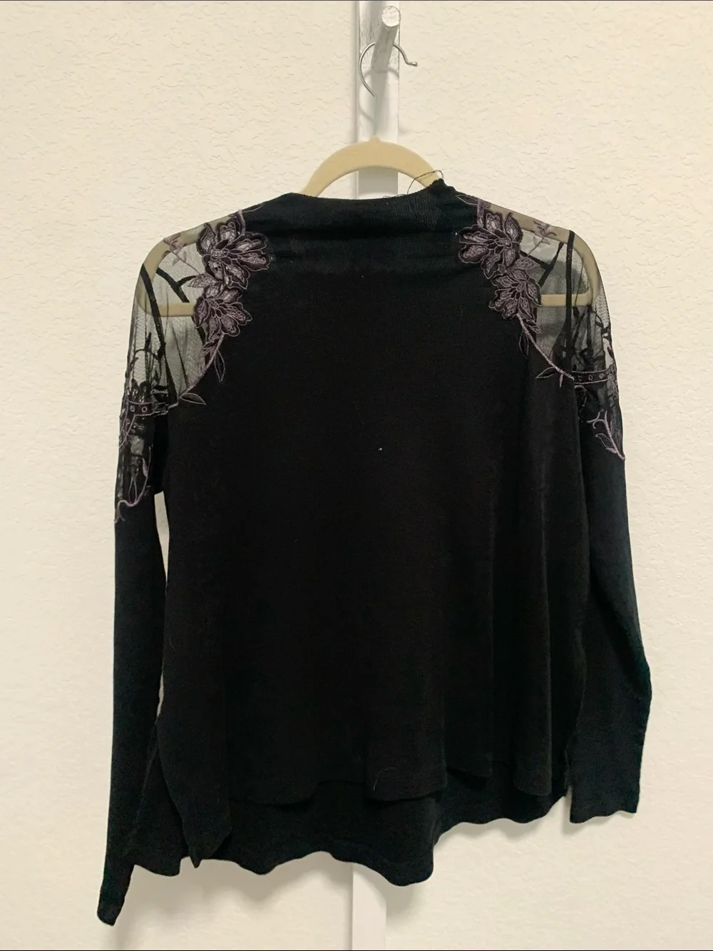 Free People Black Boho Long-Sleeve Top with Floral Embroidered Mesh Yoke